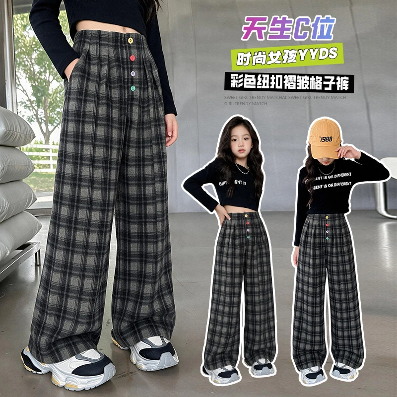Girls Plaid Casual Long Pants with Colorful Buttons Loose Trousers for Kids Fashionable Streetwear for Ages 4-14 Spring Autumn