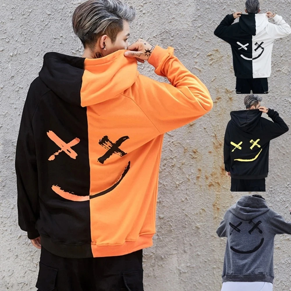 Men\'s Hoodie Sweatshirts Fashion Happy Smile Print Patchwork Hooded Sweatshirts Men Woman Hip Hop Pullovers Couple Streetwear