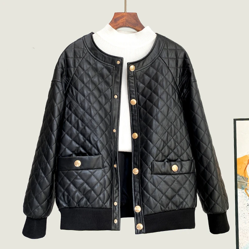 M-3XL Fall Winter Real Leather Jacket for Women 2024 New Fashion Grid Pattern Female Cotton Loose O-neck Sheepskin Jackets Coats