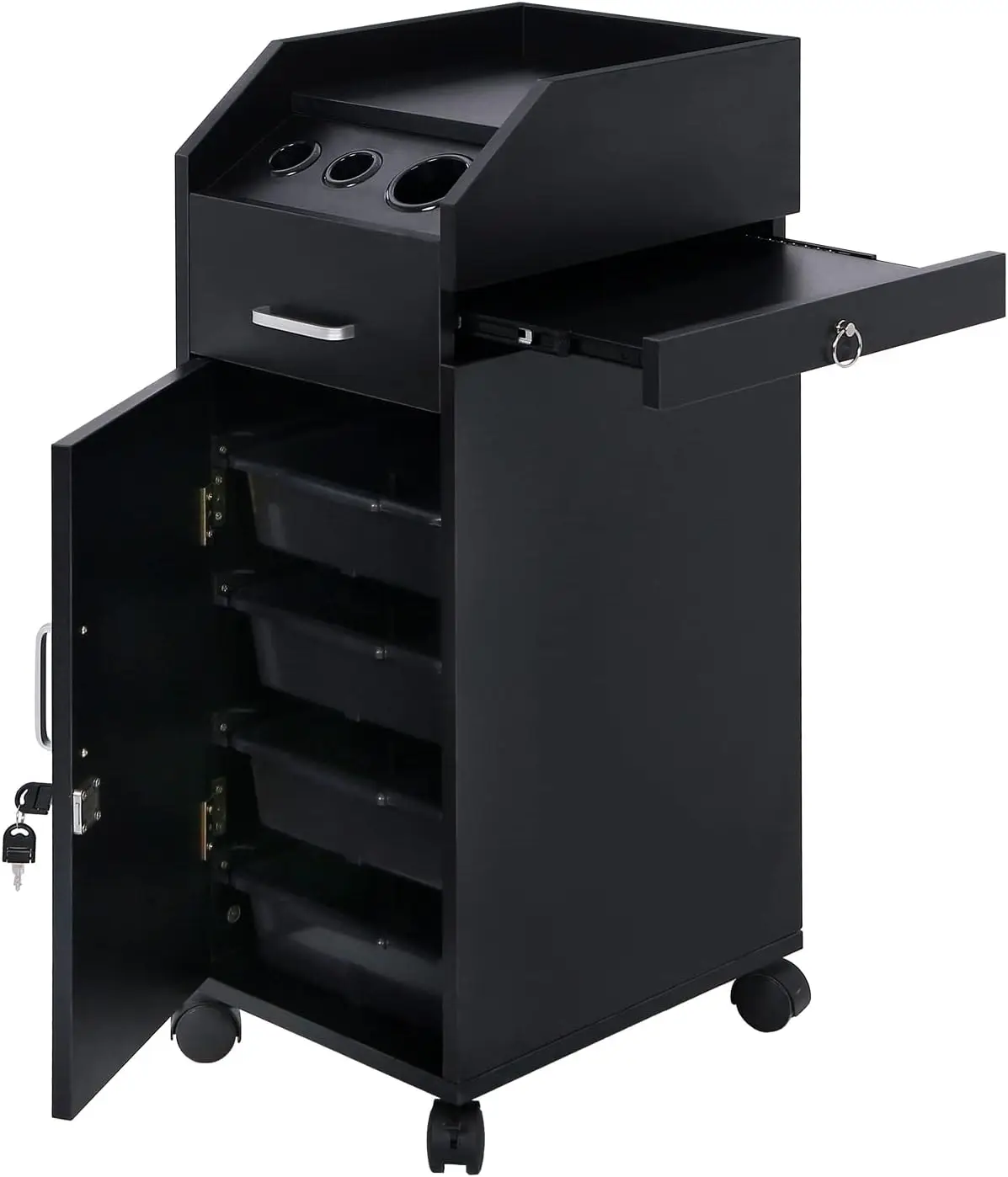 

Hair Salon Storage Cart with Wheels 3 Hair Dryer Holders 4 Drawers Lock 2 Keys, Hairdressing Tools Station Mobile