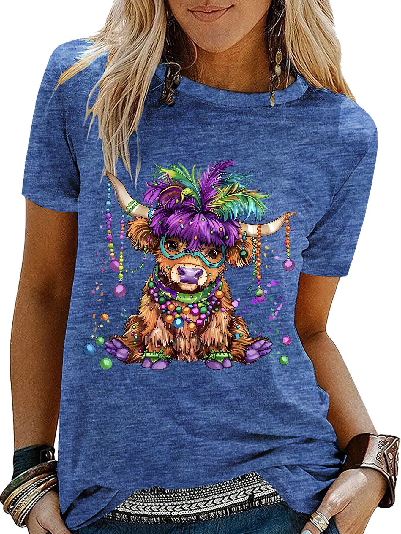T-shirt da donna Mardi Gras manica corta cartone animato mucca scozzese delle Highland estate casual festival regalo per feste multi colori disponibili