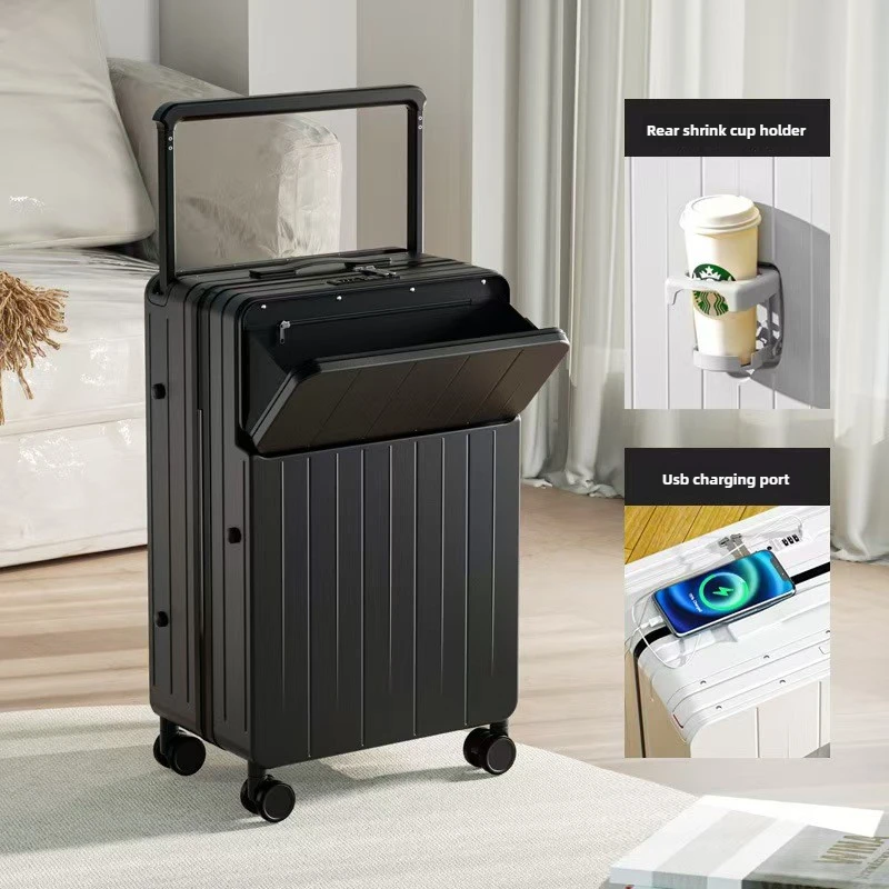 Front opening 20 inch luggage compartment, multifunctional suitcase, wide suitcase, boarding password box with USB interface