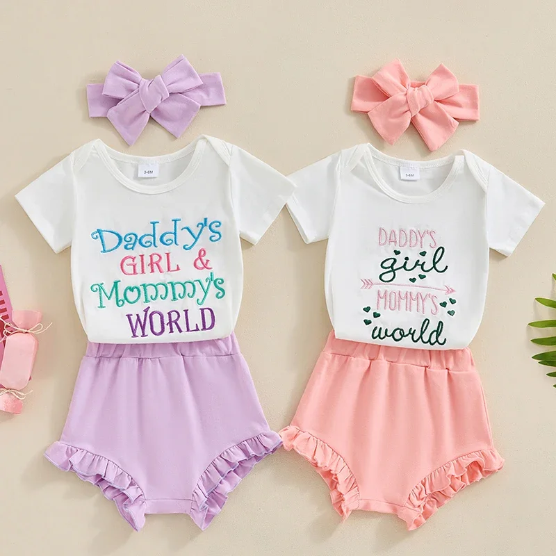 

Newborn Baby Girls Shorts Set Short Sleeve Letters Embroidery Romper with Ruffle Shorts and Hairband Summer Outfit Kids Sets