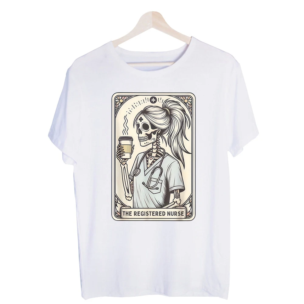 Women's Skeleton Nurse with Coffee Graphic Tee, Short Sleeve Crew Neck T-Shirt for Medical Professionals and Casual Daily Wear