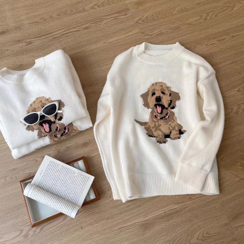 Bomon 2000‘s Y2K Harajuku Style Fun Cute Puppy Jacquard Pullover Sweater Women's Clothes Design Sense New Winter Korean Knit Top