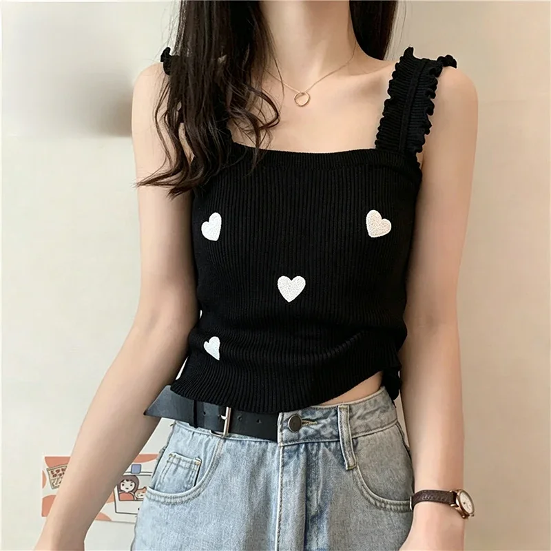 Women Crop Cami Summer Top Heart Embroidered Lettuced Hem Sleeveless Rib Knit Camisole Tanks Cute Coquette Y2K Girly Style