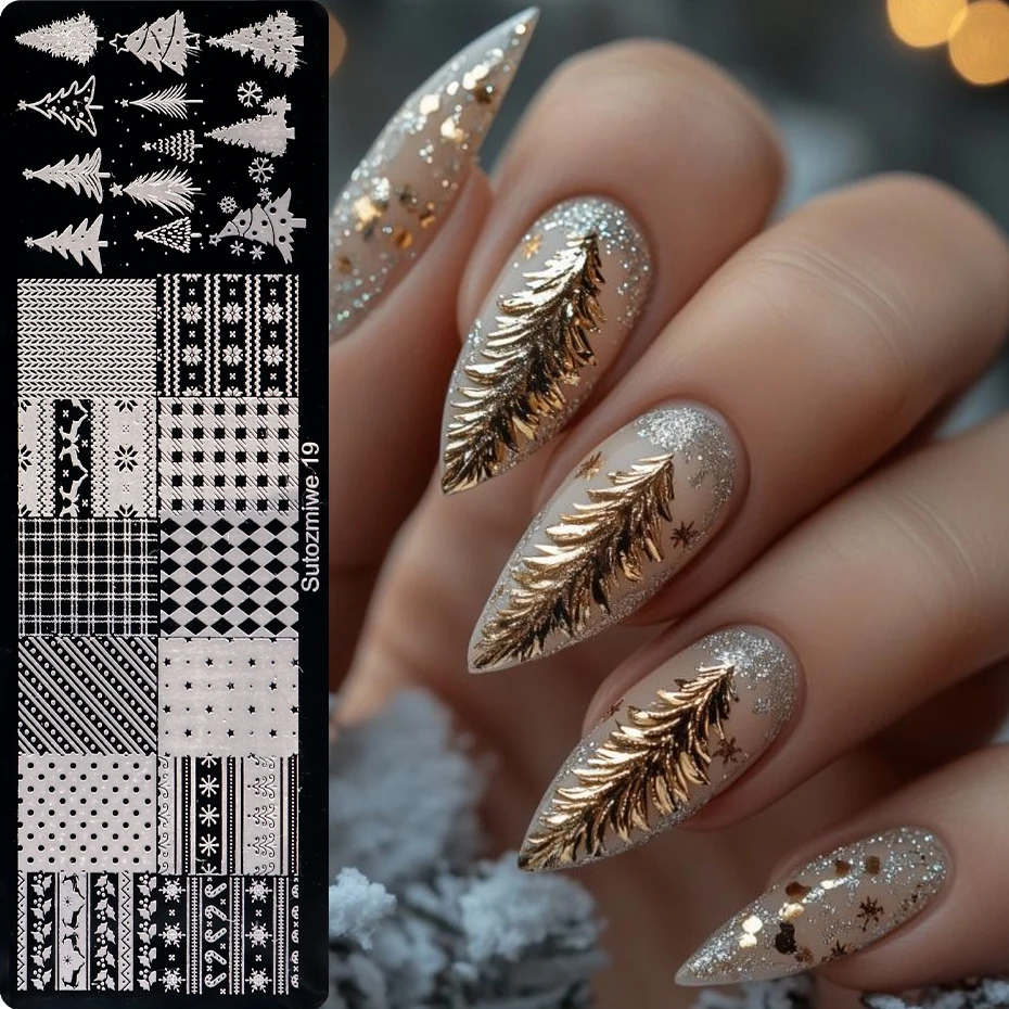 1/2 pcs Christmas Trees Nail Stamping Plate Winter Leaves Bohemia Polka Points Plaid Nail Template DIY Xmas Nail Molds Tools