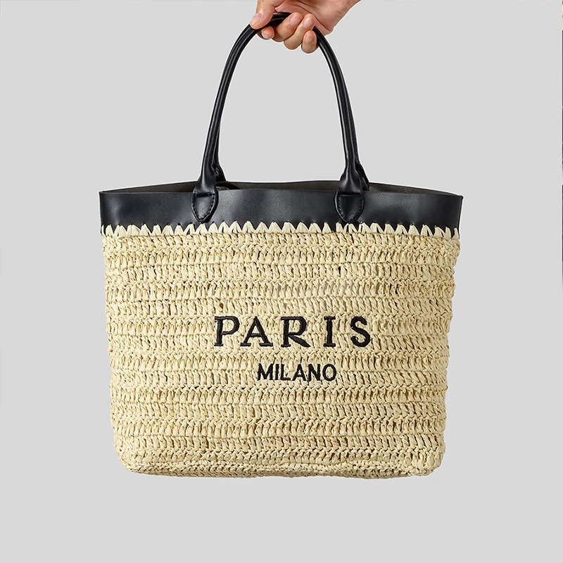 

Trend Letter Print Straw Bag Retro Fashion Hand-woven Handbag Leisure Holiday Beachbag Large Capacity Versatile Shoulder Totebag