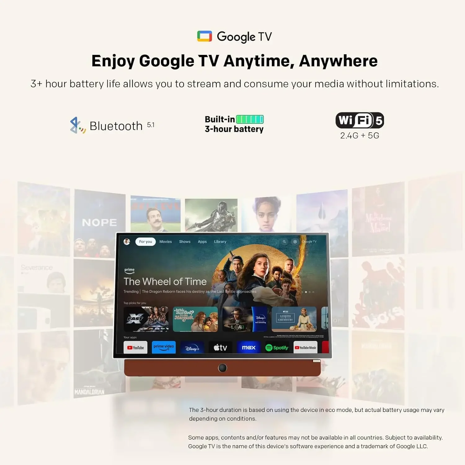 Portable 3-Hour Battery Life P100 Companion Series 1080P FHD Smart Google TV, Matte Screen, HDR10, Dolby Audio, LED, Bluetooth,