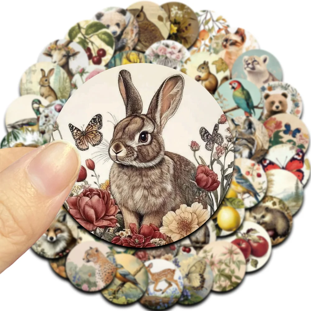 50PCS Retro Forest Animal Stories Circular Graffiti Sticker Deer Fox Squirrel Owl Rabbit Butterfly Fun Classic Waterproof  Decal