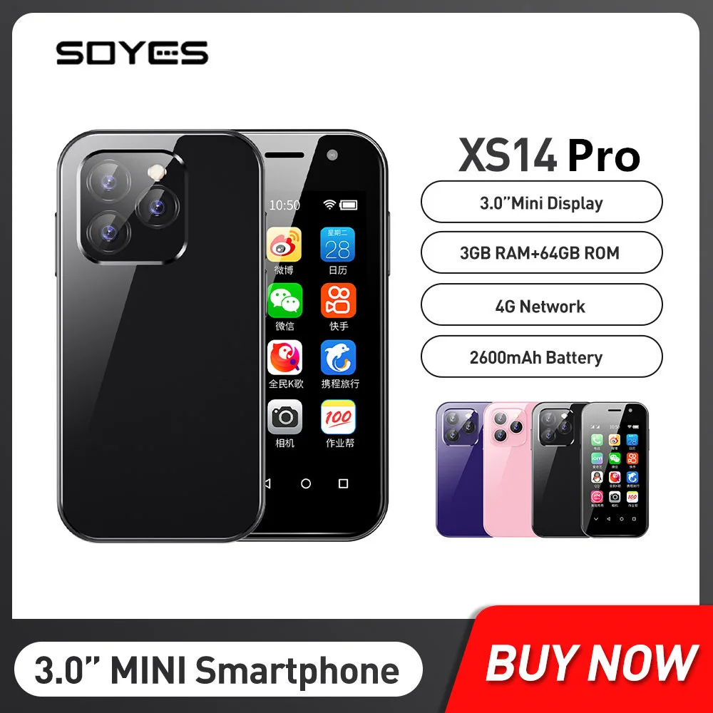 SOYES XS14 Pro Mini Smartphones 4G LTE 3GB+64GB Android 9.0 Quad Core 3.0 Inch 2600mAh Battery Face ID Type-C Small Mobile Phone