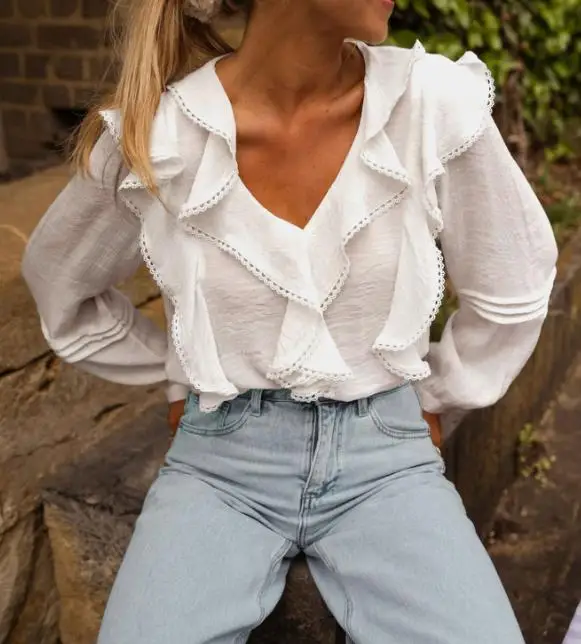 Woman Blouse 2025 Spring Autumn New Slid Color Lace Ruffle Design V-Neck Long Sleeve Loose Fit Casual Daily White Shirt