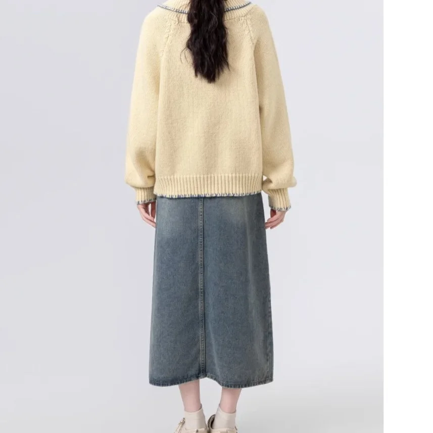 خريف شتاء نمط جديد بولو طوق سترة مريحة رداء علوي غير رسمي الأصفر زر متابعة سميكة لينة المرأة تريكو فضفاضة تناسب