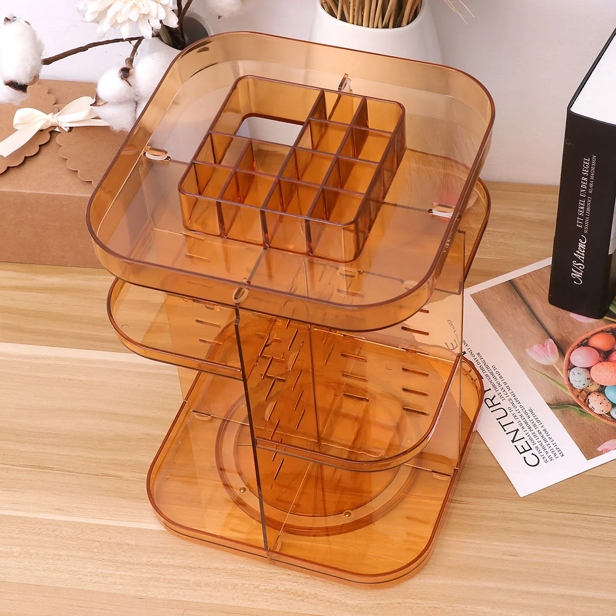 منظم دوار، رف مربع ذو سعة كبيرة، حامل مكياج، رف تخزين متين لرذاذ الجسم للعناية بالبشرة والعطور