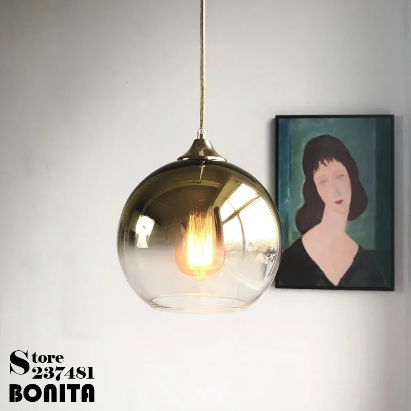 

Gradient Golden Glass Ball Hanging Chandelier Nordic Modern Colored Glass Lamp for Dining Table Home Decor Ceiling Pendant Lamp