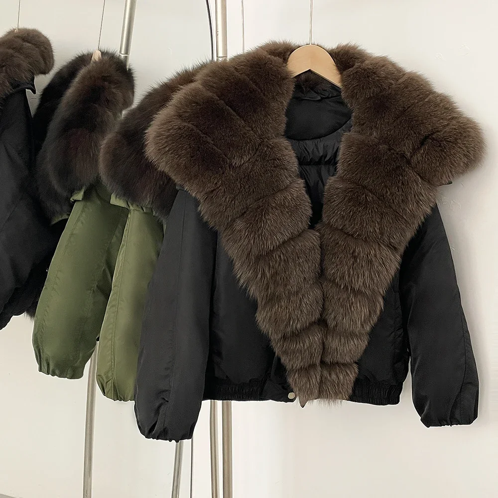 Elegant White Goose Down Jacket Loose New Real Fox Fur Collar Autumn Winter Women Natural Fur Down Coat Warm Belt Puffer Jacket