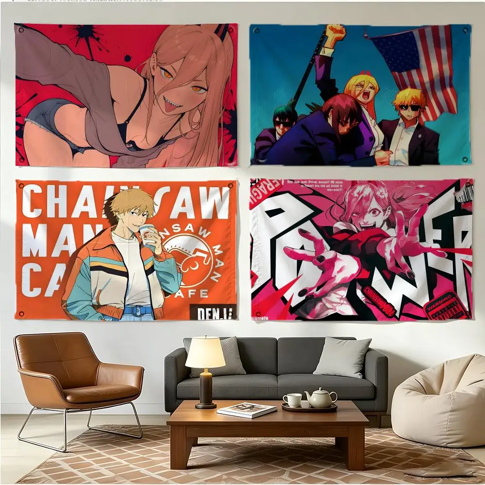 Anime Character Chainsaw Man Power Flags Four Ring Borderless Art Decor Indoor Outdoor Use Simple Hang And Install