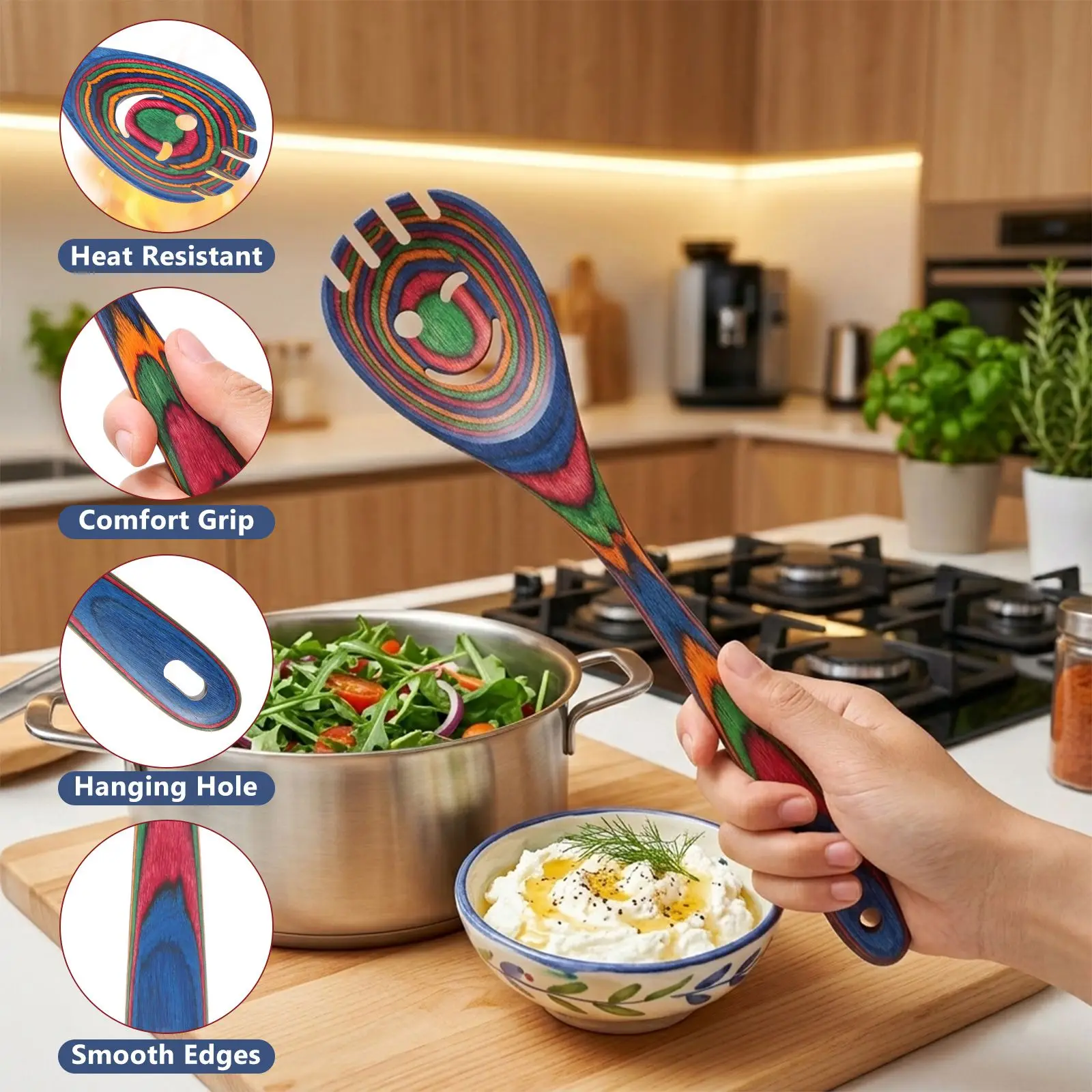 

Pakkawood Material Wooden Cooking Spoons Colorful Design Hooks Included Kitchen Utensils 6-Piece Set colorful wooden spoons