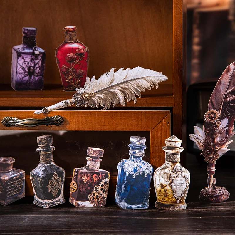 

4 упаковки, набор декоративных наклеек в стиле ретро, 6 видов конструкций, коллекционер чернил для ручек, серия твердых карт, материалы для скрапбукинга с изображением перьев