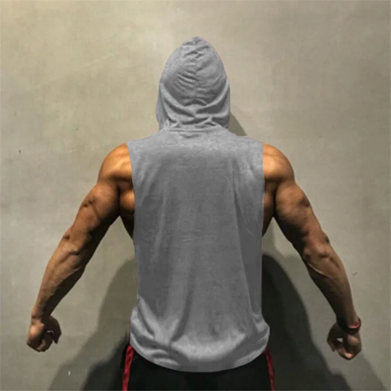 Summer Fashion Hooded Tank Tops Gym Fitness Training Running Sportswear Men Sleeveless Cotton Breathable Cool Feeling Clothing