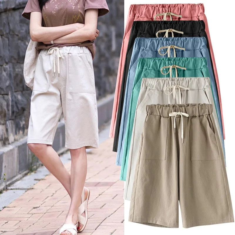 Women's Summer Shorts Casual High Waist Short Pants Wide Leg Beige Drawstring Waist Cropped Pants Light Blue