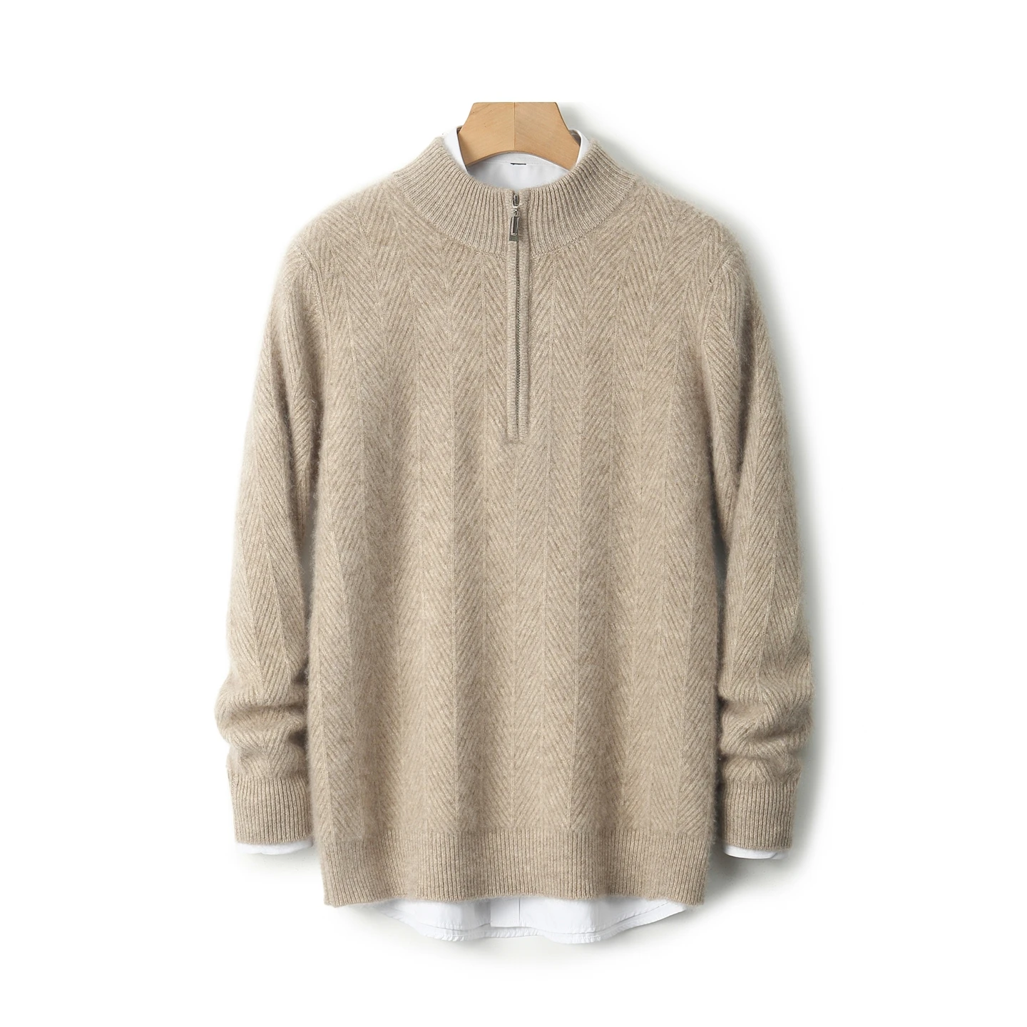 Luxury Clothing Men Sweater Pullover Autumn Winter 100% Merino Wool Fishbone Pattern Thicken Mock Neck Half-zip Commut Warm Knit