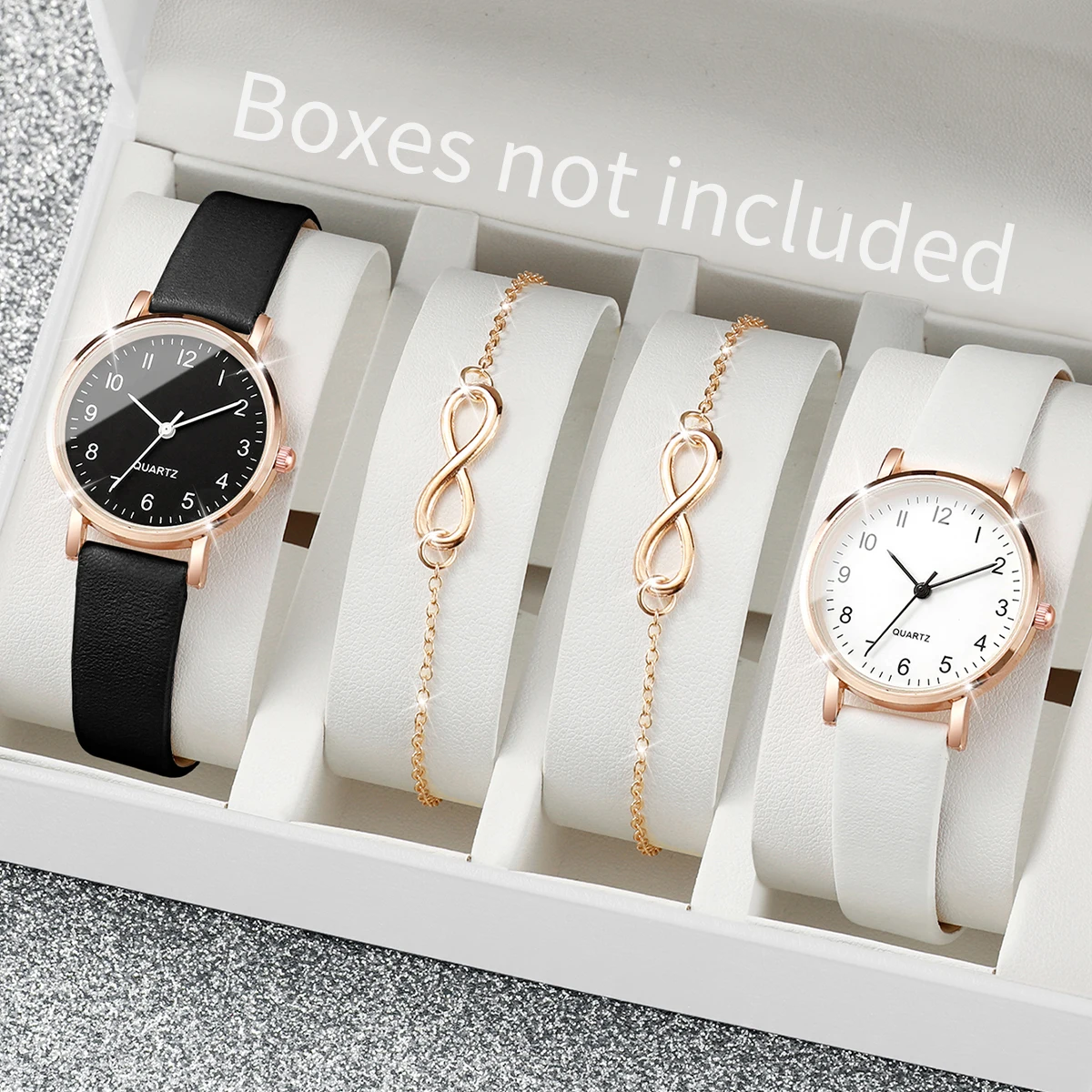 4Pcs/Unisex Set Fashion Leather Band Women Quartz Watch With Double Bracelet Set