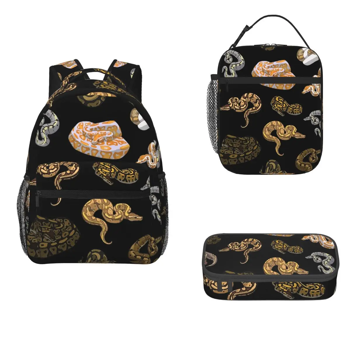 Ball Python Morph Snake Backpacks Boys Girls Bookbag Students School Bag Cartoon Kids Rucksack Lunch Bag Pen Bag Three-Piece Set