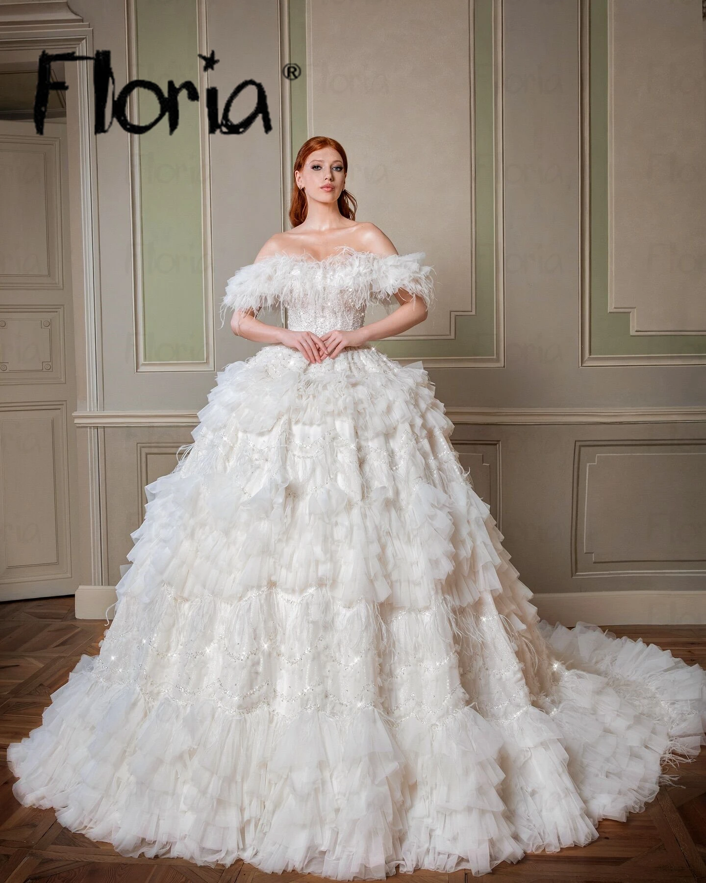 Gorgeous Wedding Dress Off Shoulder Ruffled Pleated Tulle Feather Bridal Gowns Plus Size Customized Princess Robe de Mariée 2025