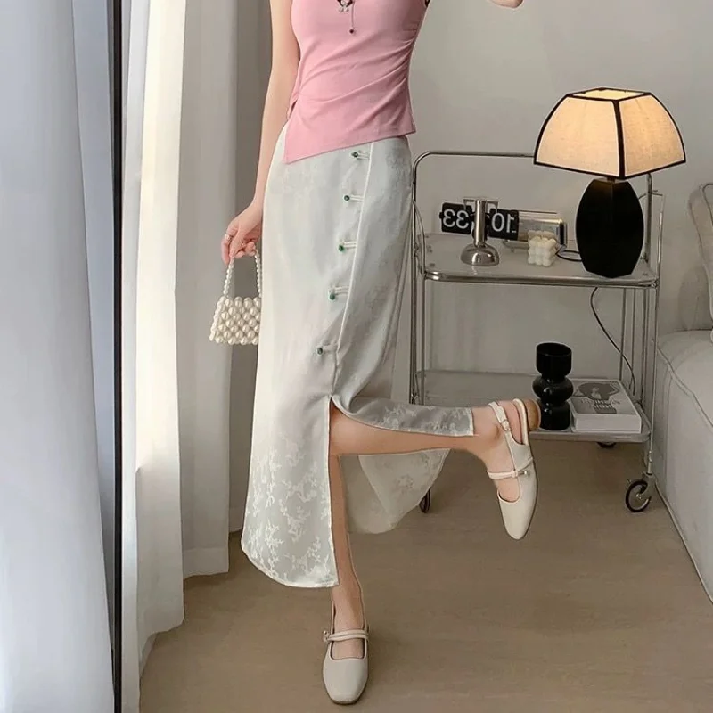 New Spring and Summer Women's Solid Color High Waist Zipper Loose Chinese Style Bag Hip A-Line Split Fashion Casual Skirt