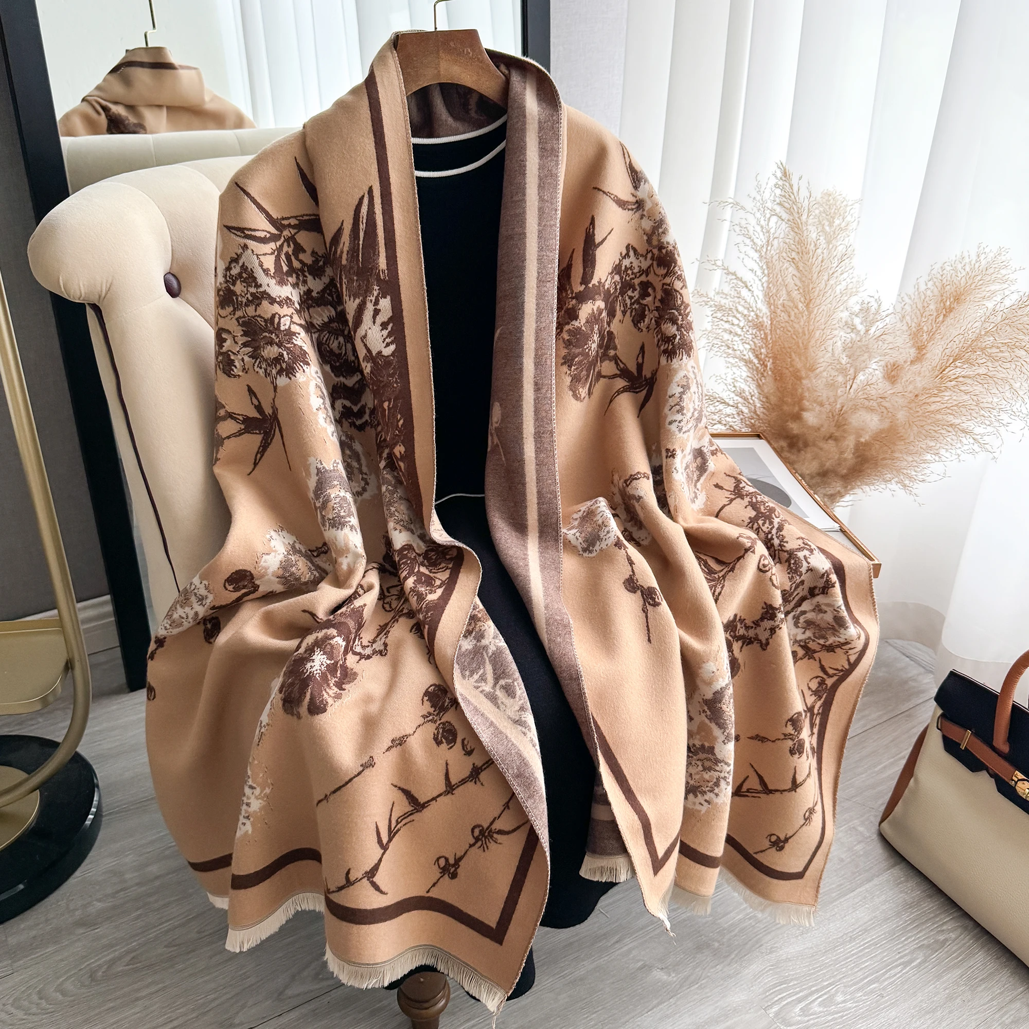 2024 New Elegant Flowers Jacquard Pashmina Cashmere Scarf Winter Thick Warmth Two-Sided Shawl Coldproof Windproof Blanket Scarf