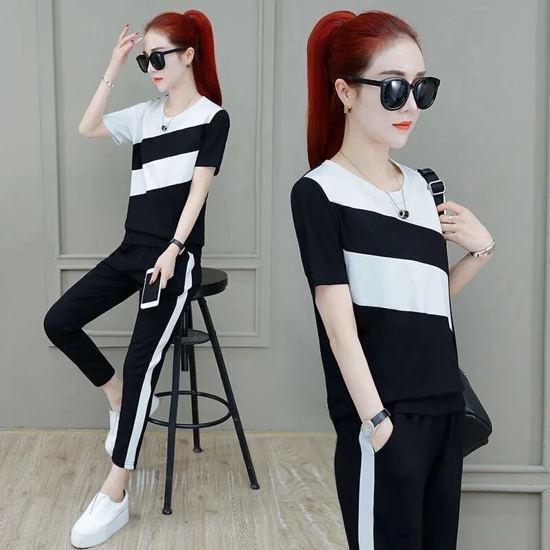 Women\'s Sports Suit 2024 Spring Summer New Korean Loose Short Sleeve Tops And Pants Two Piece Set Student Casual Running Outfits