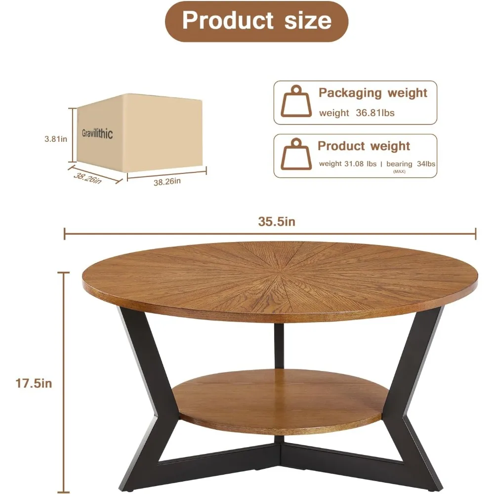 Coffee Table, Round Wood Coffee Table for Living Room with 2-Tier Table Top with Storage Rack, Metal Leg Triangle Support Design