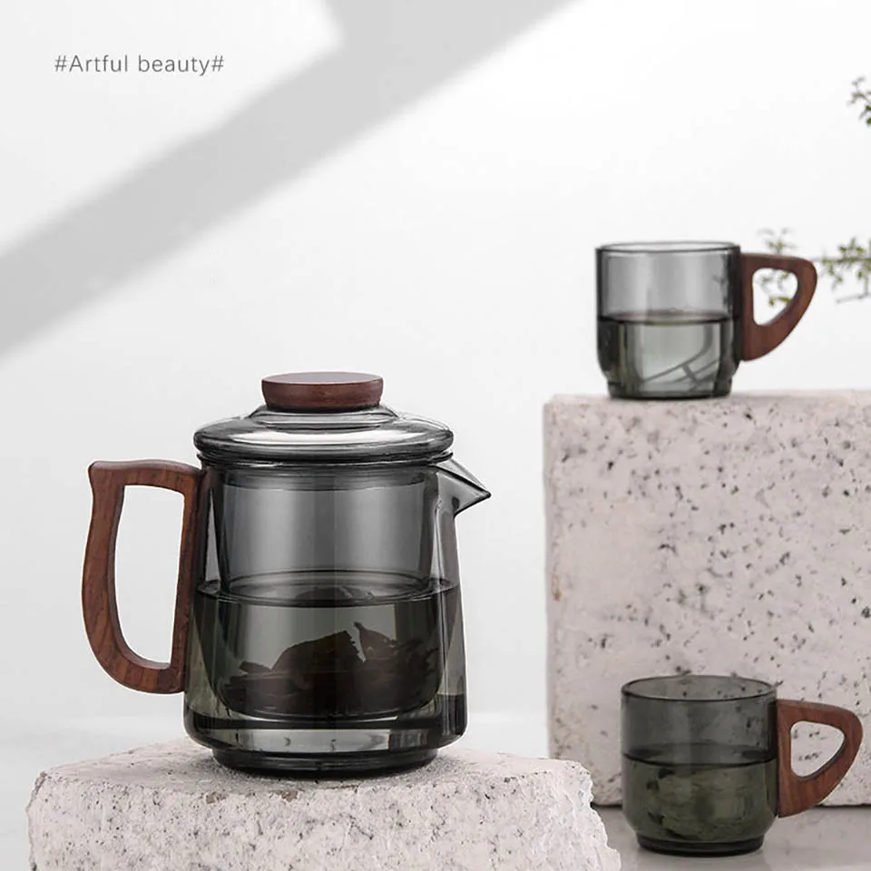 

1Pcs 400ML Wooden Handle Glass Teapot and 4pcs 100ml Glass Cup Japanese Style Tea Maker Heat-resistant Tea Pot Filter Teaset
