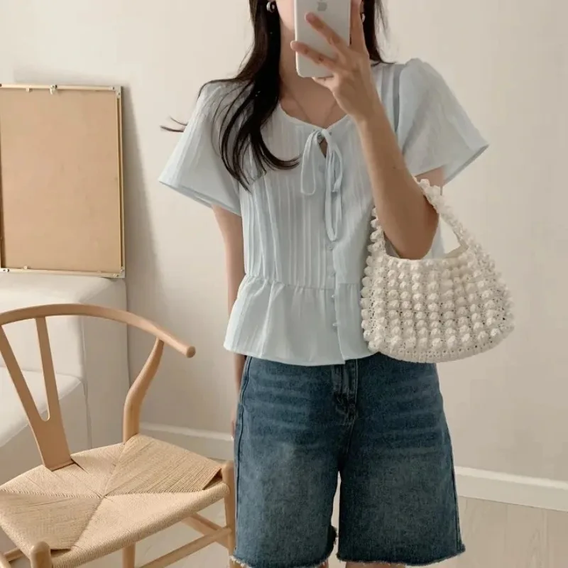 Korean Short Sleeve Blouses Simple Slimming Ort Round Solid Women's Fashion Top Banded Design Length Shirt
