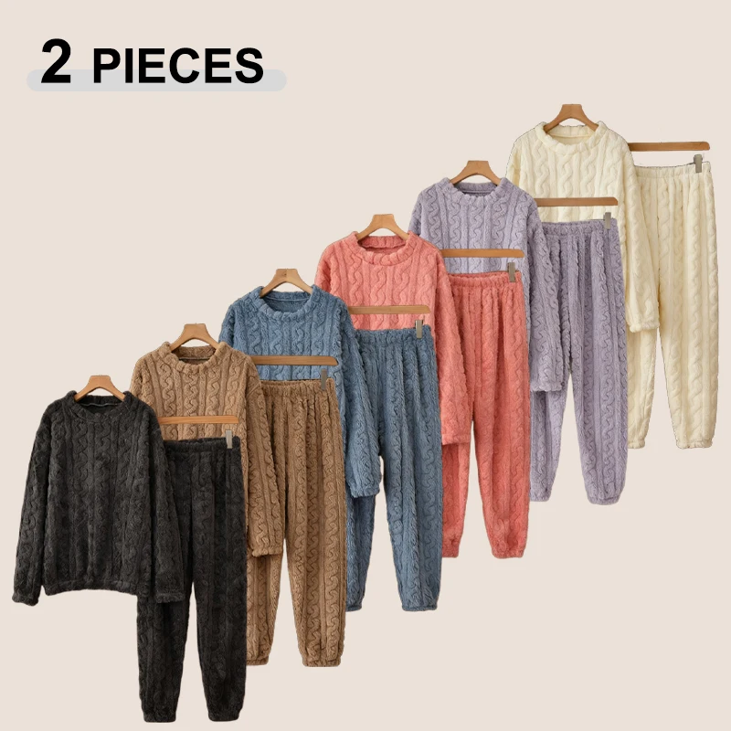 1 Sets Women Autumn Winter Thermal Pajama Sets Coral Velvet Jacquard Thickened Warm Loungewear Comfortable Sleepwear Girls Gifts