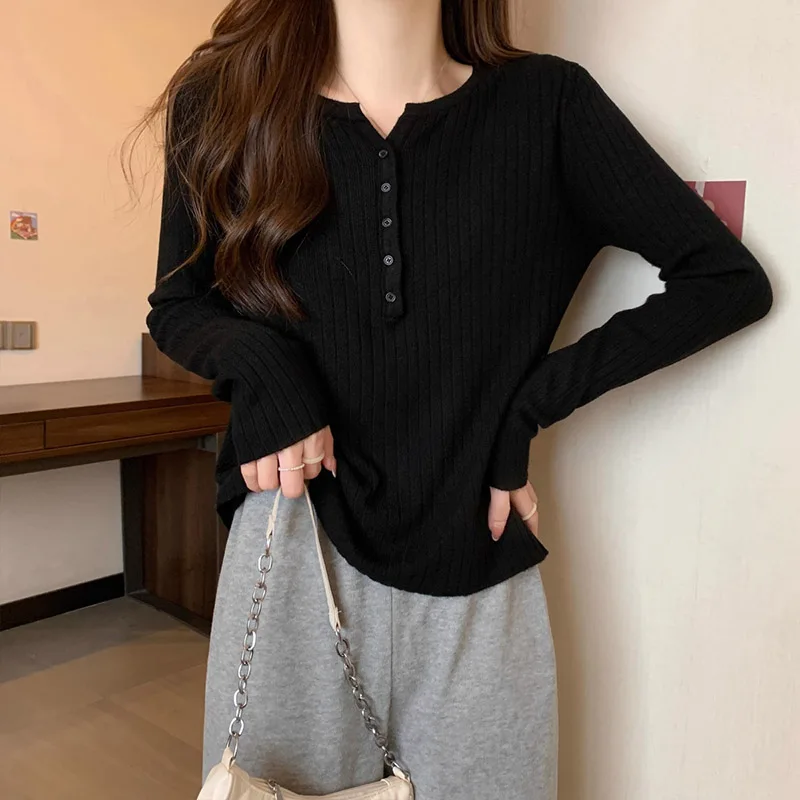 Spring Autumn New V-neck Long Sleeve Knit Pullovers Women Clothing Casual Fashion Solid Button Sweaters All-match Elegant Tops