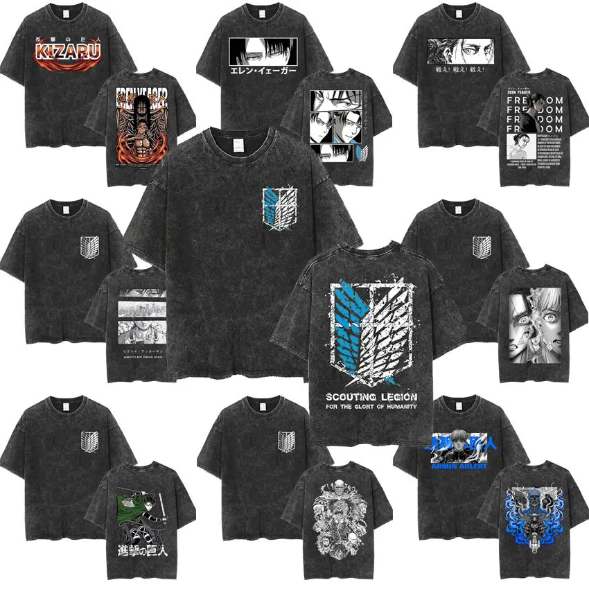 

Anime Attack on Titan Washed Vintage T-shirt Eren Jaeger & Levi Ackerman Graphic T Shirt Men Casual Oversized Crewneck T-shirts