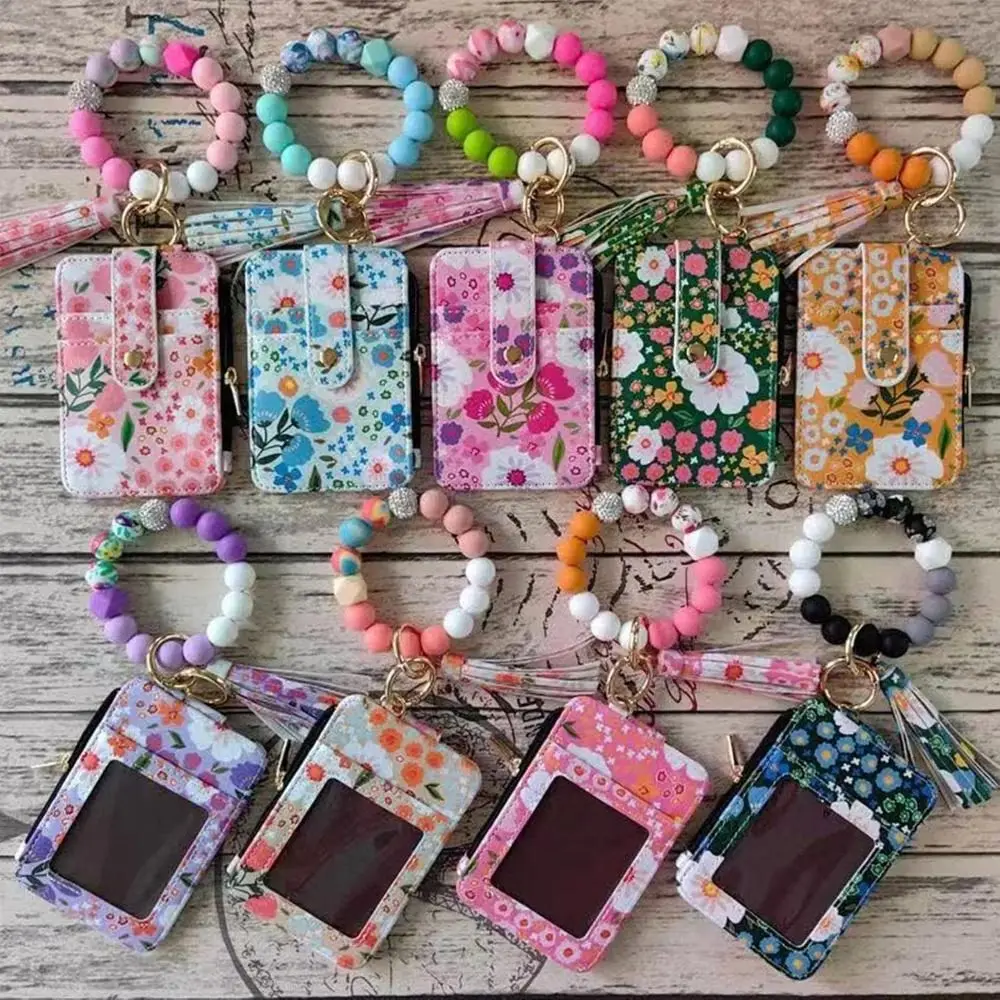Кошелек из искусственной кожи в стиле бохо с бисером, брелок, многофункциональный портативный брелок с кисточками, кошелек с цветочным узором