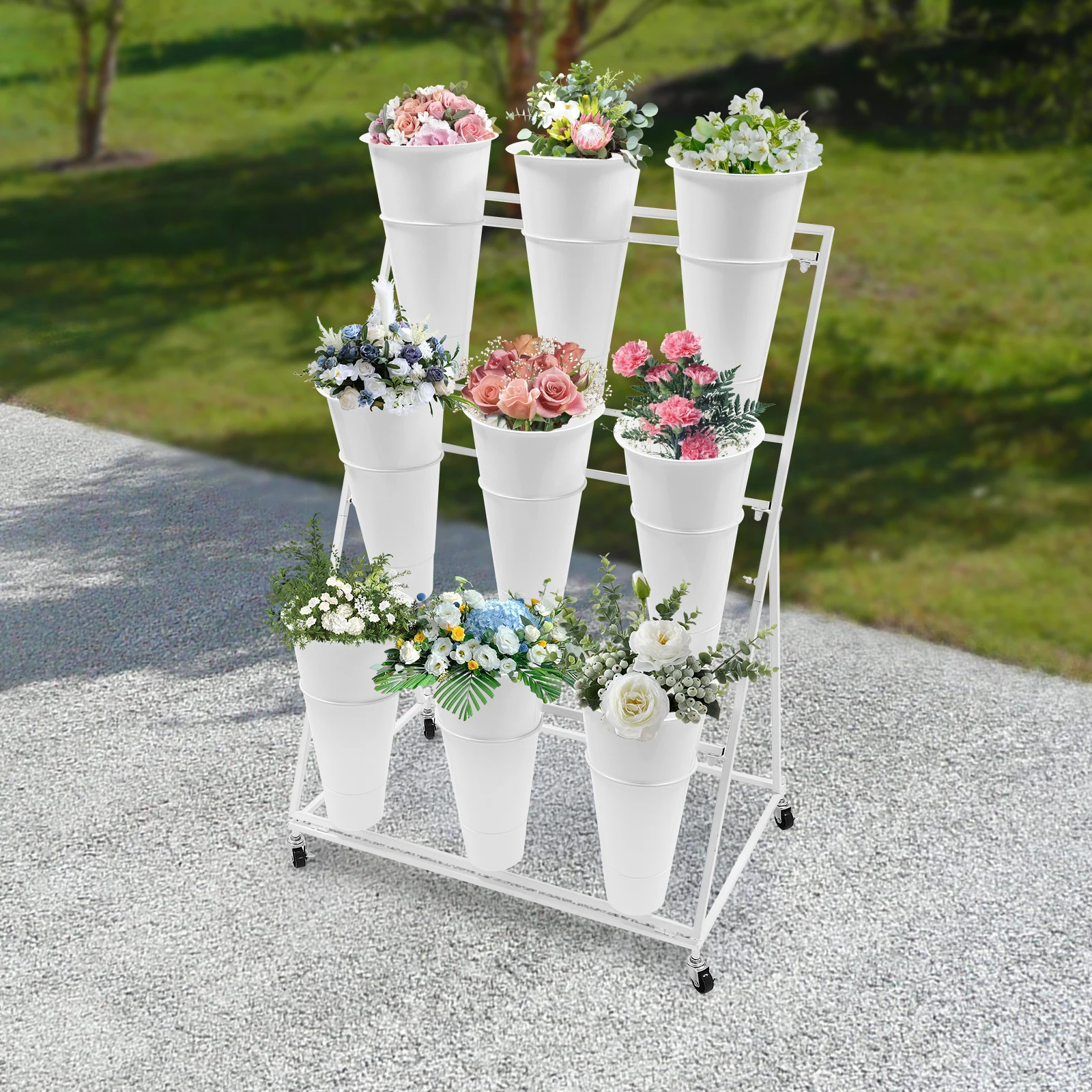 Flower Display Stand 9x Buckets White Tapered Bucket 3 Layers White Metal Plant Stand with Wheels