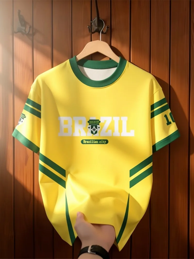 Brazil Summer 2026 Yellow Sports T-shirt Breathable Gym Running Loose Athletic Short Sleeve Tops Adult Child Casual Sportswear