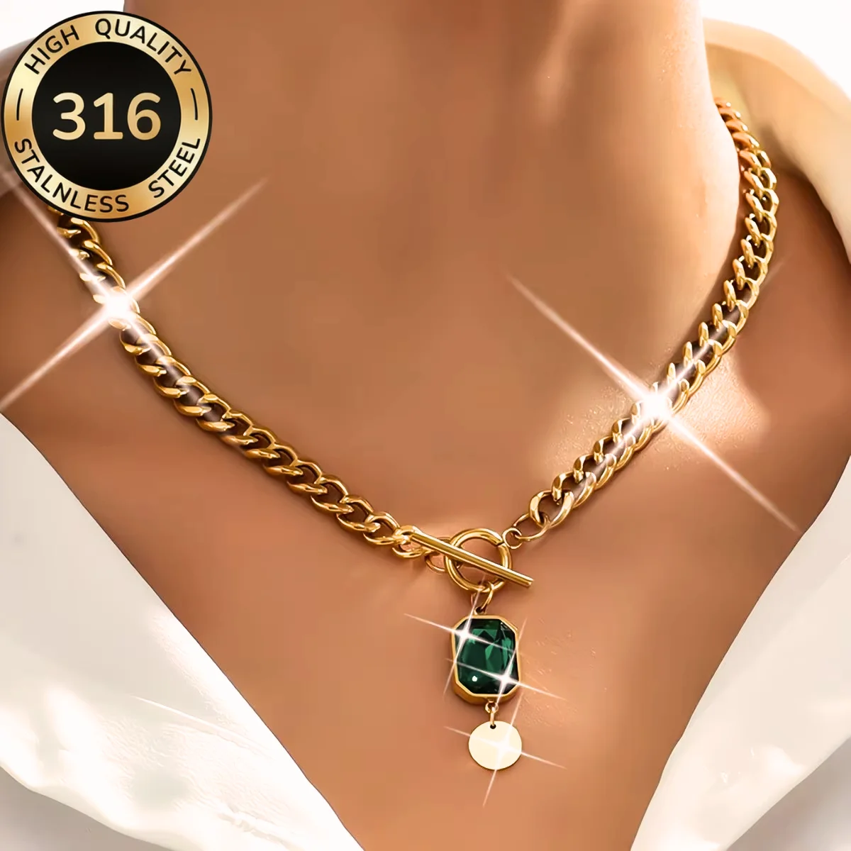 316L Stainless Steel Luxury Green Square Zirconia Crystal Pendant Necklace For Women Fashion OT Buckle Neck Chain Jewelry Gifts