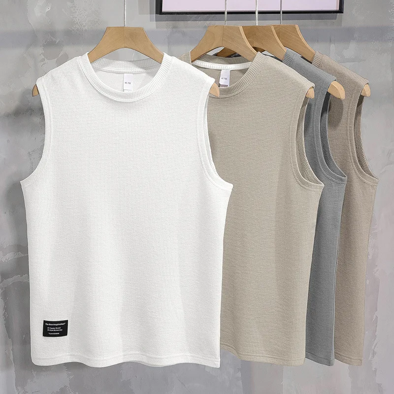 

Heavy waffle vest men's sleeveless t-shirt summer breathable hurdles basketball solid color white fitness shoulders