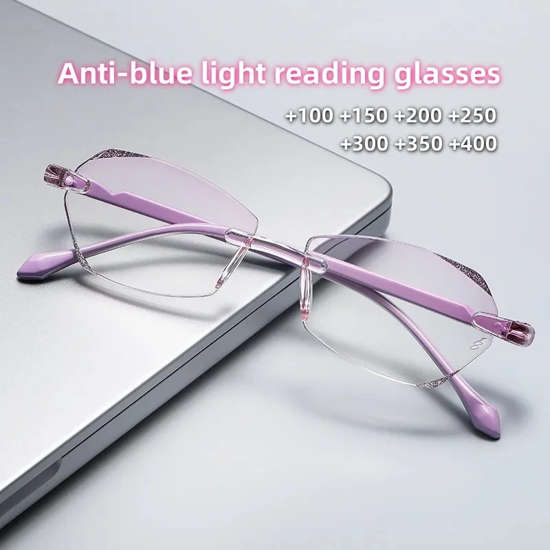 Neue Diamant Cut Randlose Brille Ultra-licht Trend Ältere Anti-blau Lesebrille Mode High Definition Presbyopie Brille