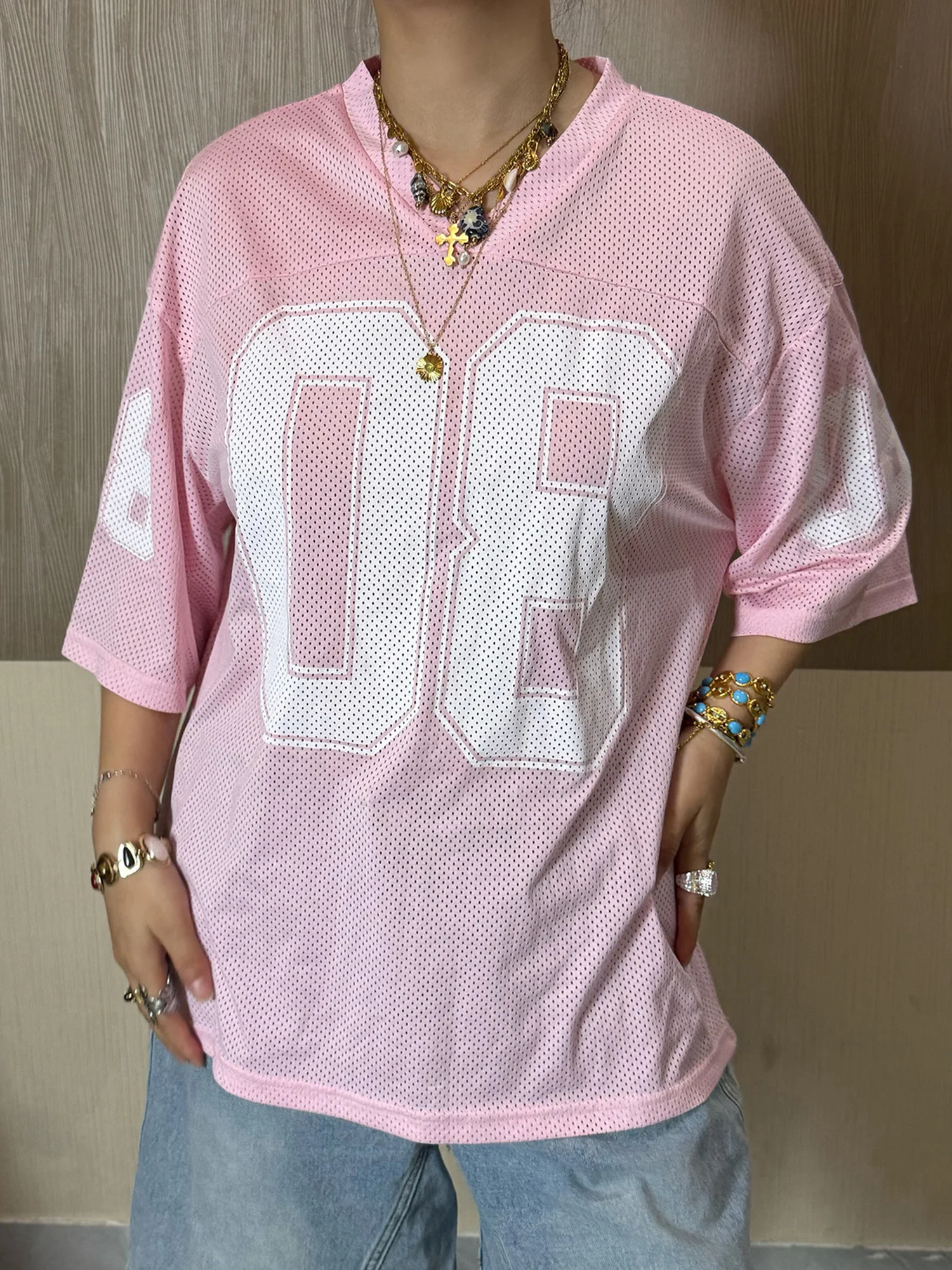 Women s V-Neck T-Shirt with Number Print Short Sleeve Loose Fit Casual Top for Summer Streetwear Fashion