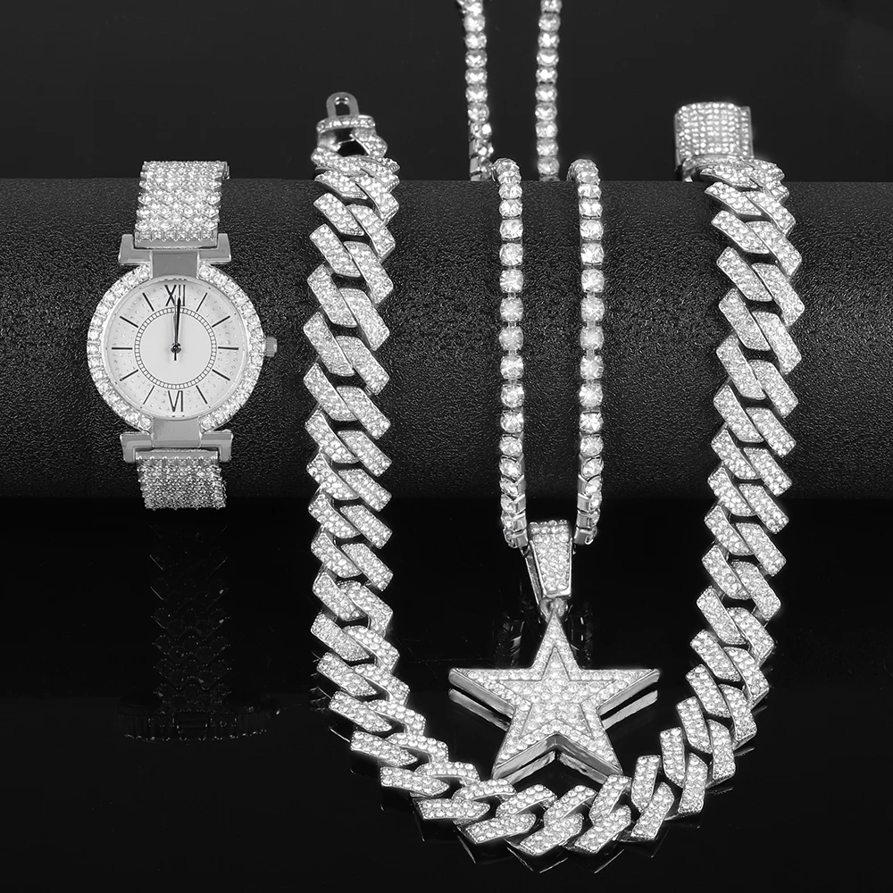 

Women Hip-hop Punk Silver Watch Set Stylish Inlaid Diamonds Star Pendant Tennis Necklace Watch Cuban Chain Luxury Jewelry Gift