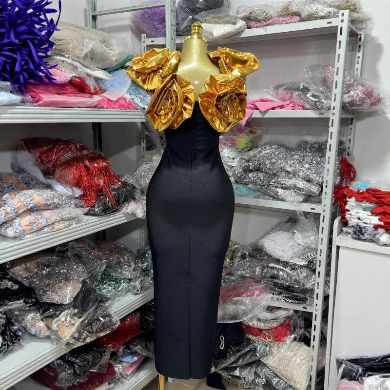 3D Goldene Blumen Sexy Schulterfreies Bandage-Langkleid Sexy Bodycon Wickelkleid Schwarz Retro Elegantes Abendkleid