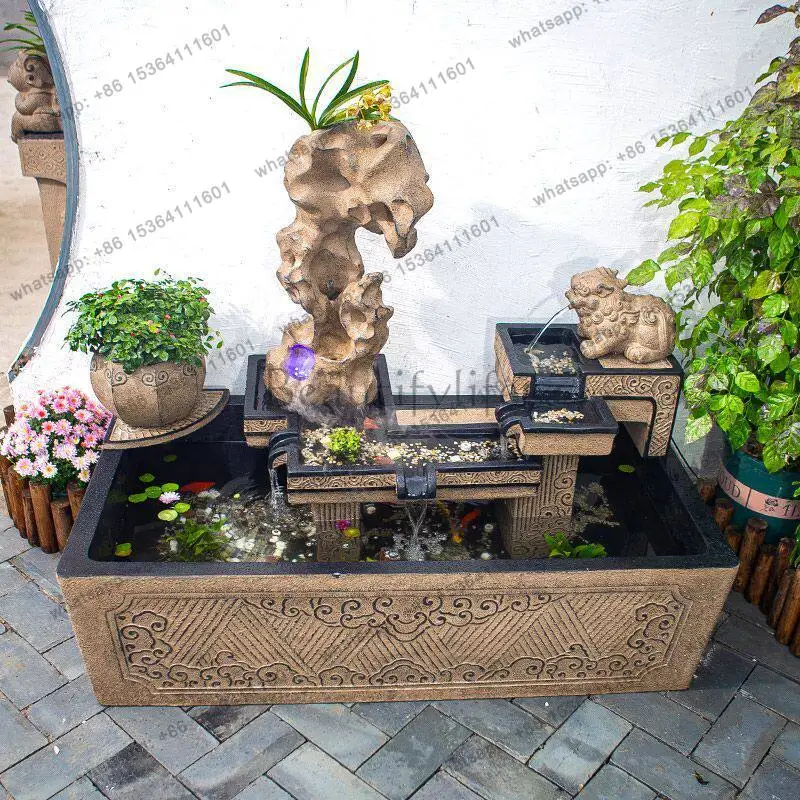 

New courtyard fish pond landscaping flowing water big fish tank terrace garden creative rockery fountain landscape