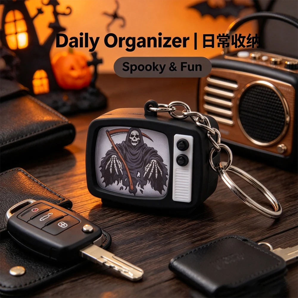 Halloween Retro Mini TV Keychain Grim Reaper Pattern Light Up Sound Key Ring Funny Bag Charm Holiday Party Gift for Men Women