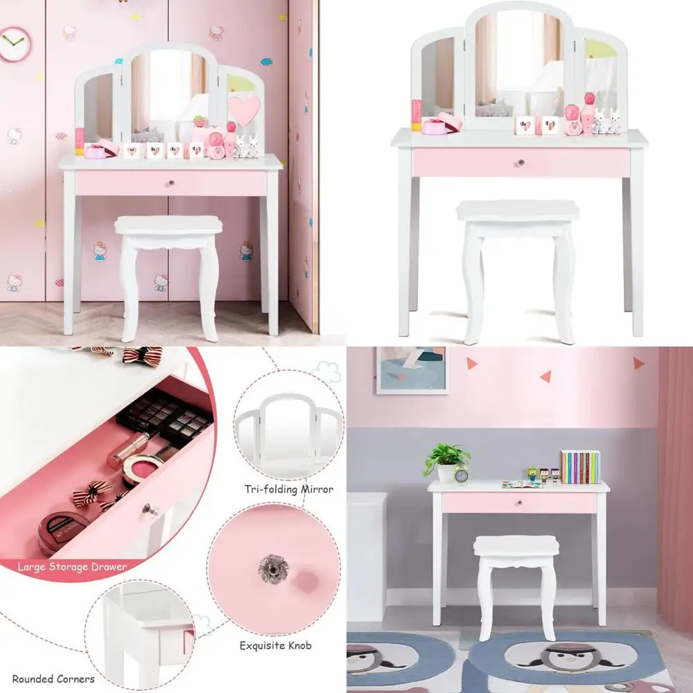 

Детский деревянный туалетный столик с табуреткой, ящиком и тройным зеркалом — туалетный столик для макияжа для малышей для игр красоты